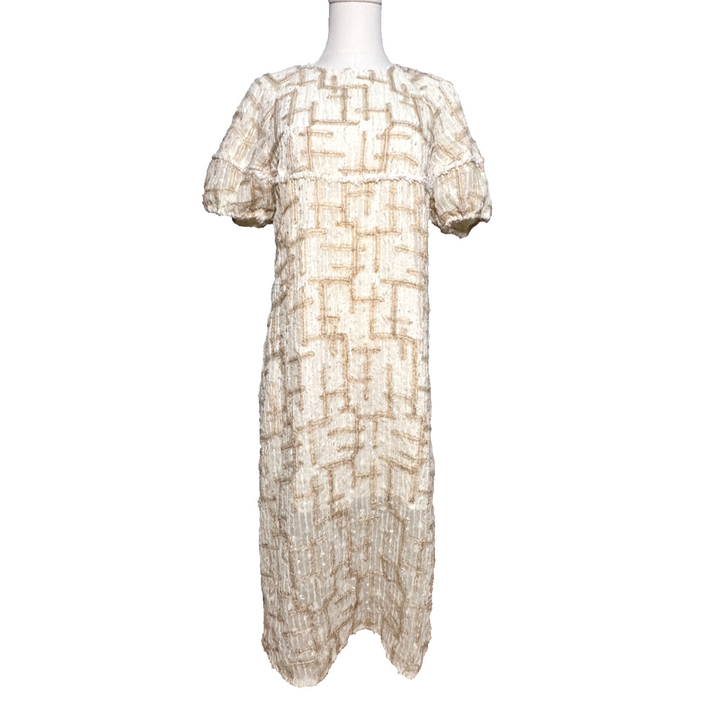 Sushe NWT Cream Gold Geometric Metallic Puff Sleeve Designer Shift Dress Small
